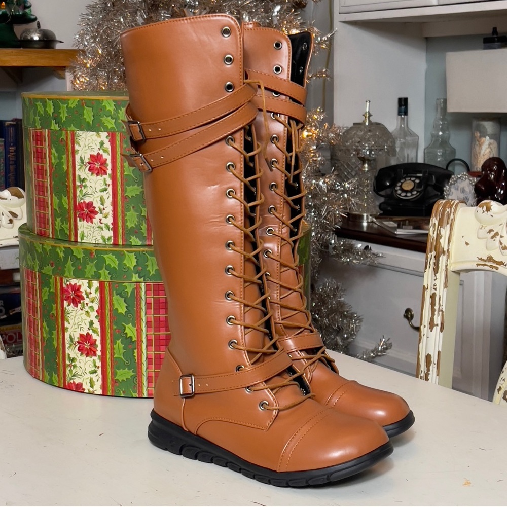 Women High Boots Fashion Rivet Buckle Side Zip Rider Simple Solid Color Platform